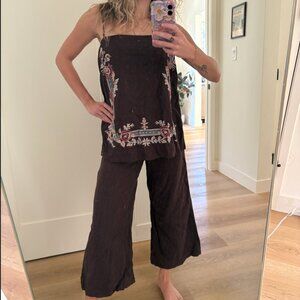 Free People Sightseer Embroidered Linen Set XS Brown Boho Crop Top Wide Leg Pant